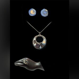 VTG NOS 80-90s Abstract Stain glass Earring Pendant and Ring Set One of a Kind